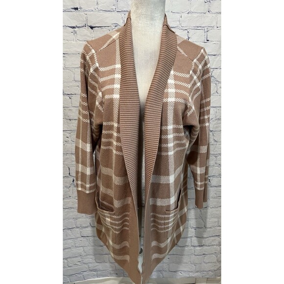 Isaac Mizrahi Live! QVC Pattern Jacquard Cozy Cardigan Cappuccino Plaid 1X - Picture 2 of 7